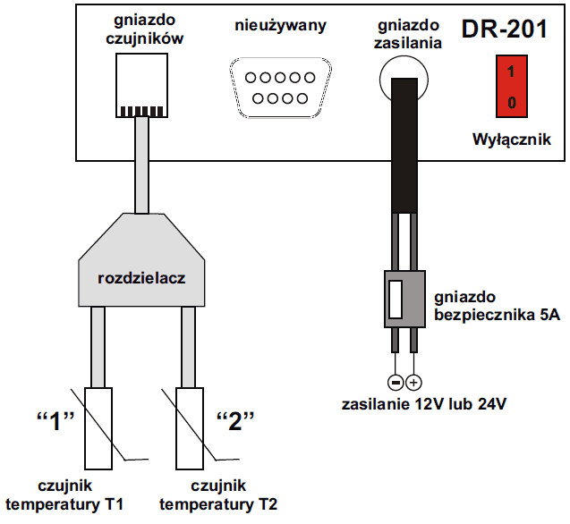Schemat połączenia rejestratora DR 201 z dwoma czujnikami